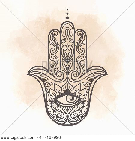 Ornate Hand Drawn Hamsa. Popular Arabic And Jewish Amulet. Vector Illustration