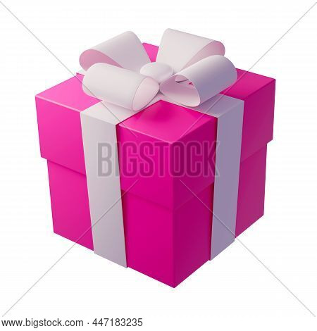 Pink Gift Box With White Ribbon Bow Isolated Object On White Background 3d Render Illustration. Birt