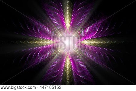 Abstract Illustration Of A Computer Generated Fantastic Flower Of Various Shapes And Shades On A Bla