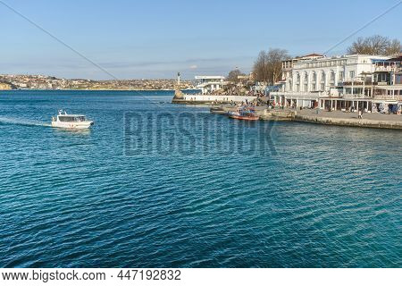 Sevastopol, Crimea - March 14, 2021: View Of Kornilov Embankment In Spring