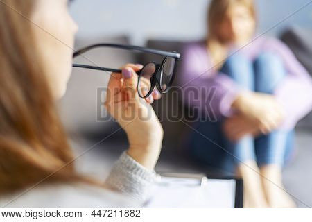 Psychotherapy Session, A Woman Is Talking With Her Psychologist At Cozy Office. Psychotherapy Consul