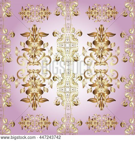 Golden Pattern On Beige, Brown And Neutral Colors With Golden Elements. Floral Tiles. Vector Golden 