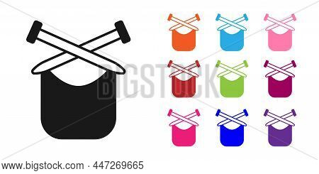 Black Knitting Icon Isolated On White Background. Wool Emblem With Knitted Fabric And Needle. Label 