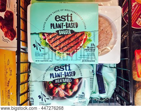 Thessaloniki, Greece - January 20 2022: Plant Based Vegan Meat On Sale At Supermarket. Store Interio