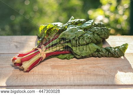 Chard, Beta Vulgaris - Green Leafy Vegetable - A Bunch Of Leaves With Red And Green Stems, On A Wood