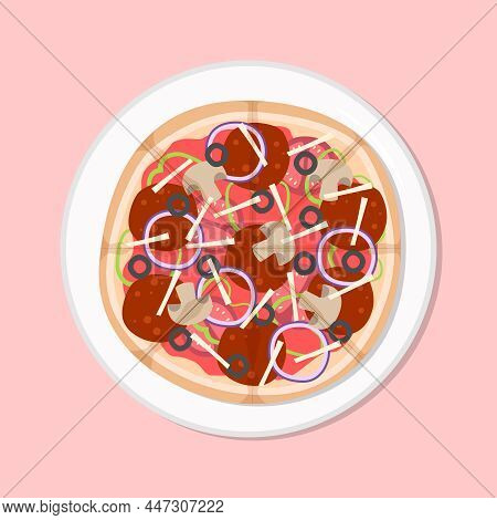 Italian Pizza Pepperoni Mozzarella Healthy Diet Meal On Plate. Vector Illustration. Simple Flat Stoc