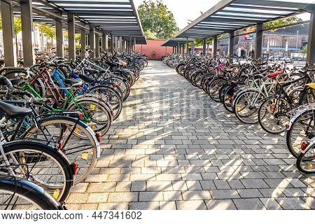 Giessen, Germany - 2021_04_09: Public Bicycle Garage Near Train Station From Giessen Hesse