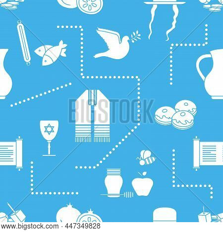 Vector Illustration Jewish Holiday Traditional Symbols Torah Scroll, Oil Jar, Star Of David, Pomegra