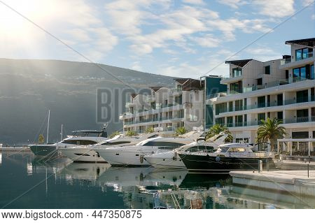 Portonovi, Montenegro- January 24 2022: Marina Of Idyllic Mediterranean-style Resort Village Nestled