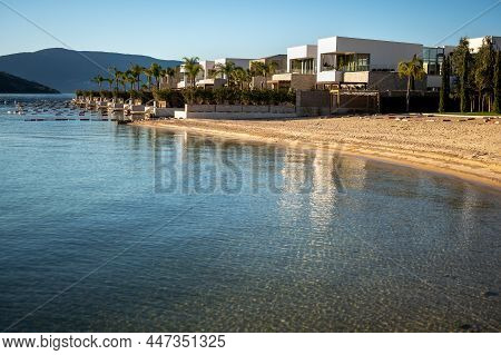 Portonovi, Montenegro- January 24 2022: Marina Of Idyllic Mediterranean-style Resort Village Nestled