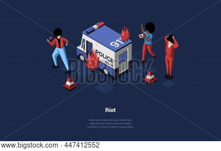 Vector Illustration. Cartoon 3d Style With Characters. Isometric Composition On People Protest Riot 
