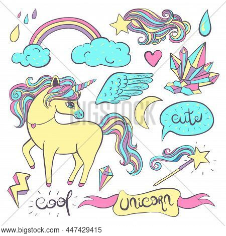 Collection Elenments With Unicon, Rainbow, Fairy, Crystals, Wings And Star