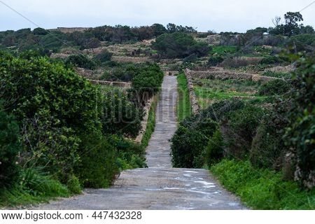 Old Soft Road Through The Green Rocky Mountains Of Selmun, Malta