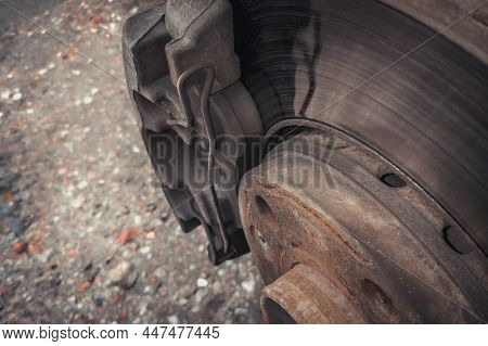 Replacement, Check Of Disc Brakes. Outdoors. Close-up.
