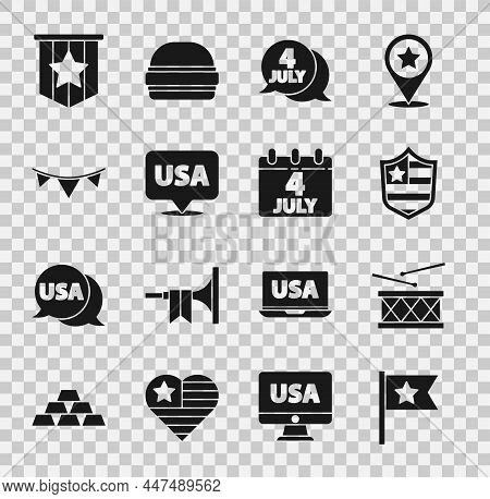 Set American Flag, Drum And Drum Sticks, Shield With Stars, Usa Independence Day, Carnival Garland F