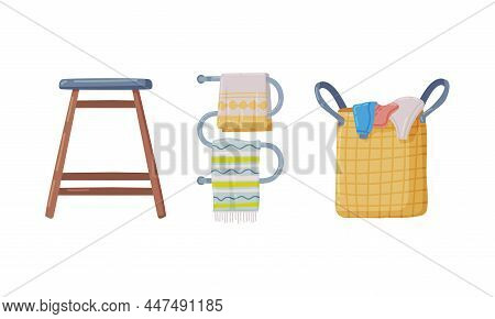 Hanging Towel On Rail And Laundry Basket As Bathroom Item Vector Set