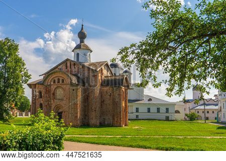St. Paraskeva Pyatnitsa Church At Yaroslav's Court In Velikiy Novgorod, Russia. Summer Landscape Wit