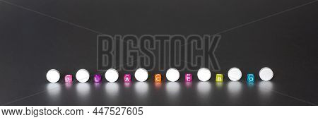 Placebo Pill. White Pills And Word Placebo On Dark Grey Background. Placebo Effect, Fake Medical Tre