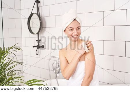 Bathroom Skin Care. Body Brush Routine. Woman Peeling. Female Person Drainage Scrub. Wooden Massage.