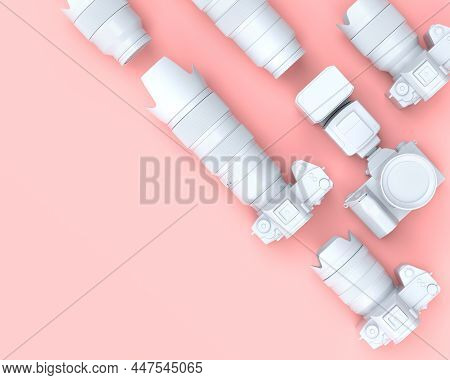 Top View Of Designer Workspace And Gear Like Nonexistent Dslr Camera, Lens And Spidlight Flash On Pi