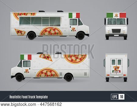 Food Trucks Realistic Ad Template Design Of Meals On Wheels Car With Side Front And Back Views Vecto