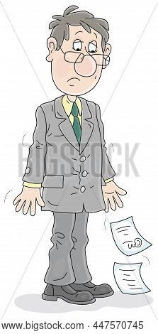 Dismissed, Unlucky And Sad Man With Falling Documents After Unfair Dismissal, Vector Cartoon Illustr