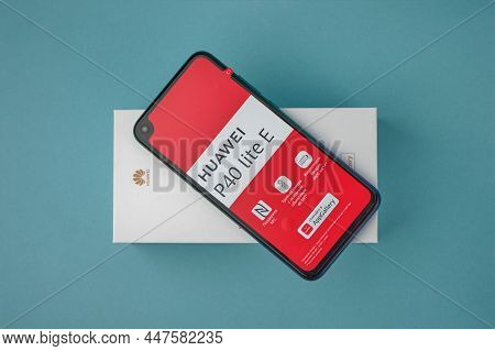 Saint Petersburg, Russia, December 23, 2020: Huawei P40 Lat E Smartphone Top View, Mock Up Isolated 