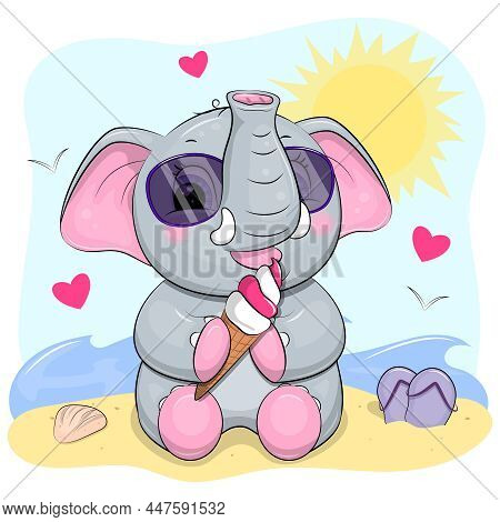 Cute Cartoon Elephant With Sun Glasses And Ice Cream Is Sitting On The Beach. Summer Vector Illustra