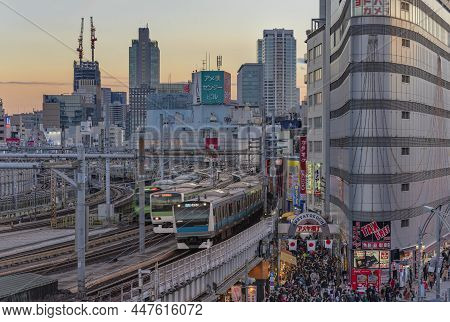 Tokyo, Japan - January 02 2020: High Angle Of Ueno Park Street Overlooked By The Yamanote Line Railw