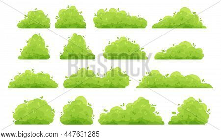 Cartoon Bushes. Green Garden Decorative Hedge And Forest Shrubs With Leaves. Vector Isolated Set