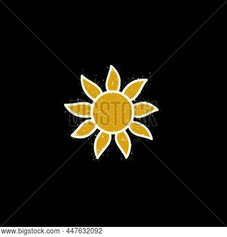 Bright Hot Sun Or Burning Sunflower. Retro Grunge Icon With Particles Of Debris. Isolated On Black. 