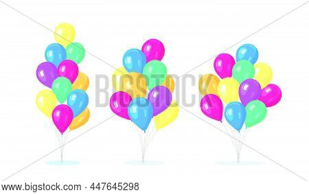 Set Of Bunch Of Helium Balloon, Flying Air Balls  Isolated On White Background. Happy Birthday, Holi