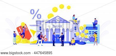 Bank Building With Money Tree. Tiny People Holds Gold Coins Near Government Finance Department Or Ta