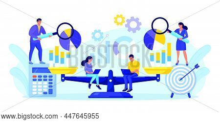 Benchmarking As Business Compare Tool For Improvement, Progress. People With Laptop Sits On Scale An
