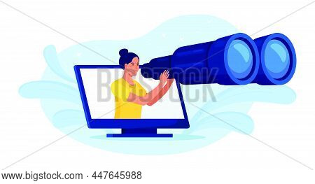 Young Curious Woman Holding Big Binoculars In Hand And Looking Far Away, Expecting And Searching Thr