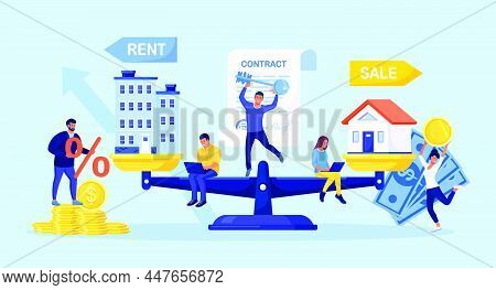House And Apartment On Scales. People Choosing Between Rent And Sell Property. Sale Or Rent Apartmen