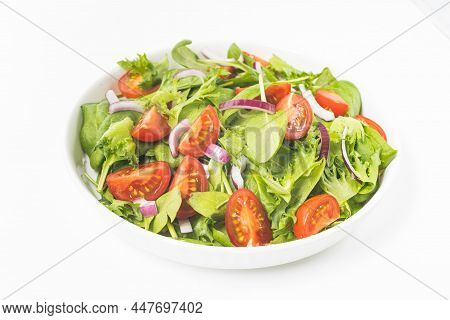 Summer Green Salad In White Bowl Plate Isolated On White Backgorund. Healty Salat From Tomato, Spina