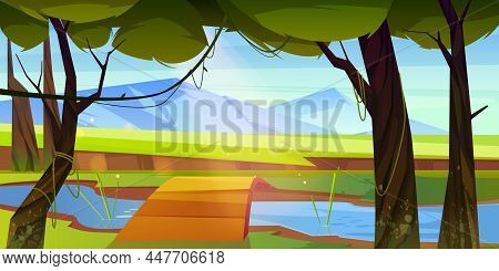 Summer Forest With River, Wooden Bridge And Mountains On Horizon. Vector Cartoon Illustration Of Jun