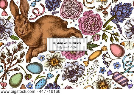 Easter Seamless Pattern Background Design. Engraved Style. Hand Drawn Rabbit, Eggs, Willow Branches,