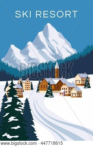 Mountain Vintage Winter Resort Village Alps, Switzerland. Snow Landscape Peaks, Slopes. Travel Retro