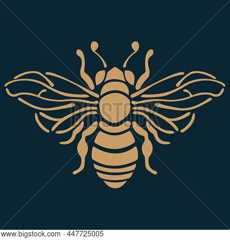 A Brown Bee On A Dark Blue Background. Design For Company Logo, Emblem, Stencil, Modern Insect Tatto