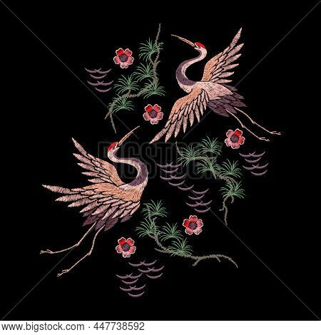 Crane Embroidery. Bird Heron, Japanese Cranes And Oriental Floral Elements. Asian Ornament Silk Stit