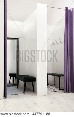 Empty Dressing Rooms In Fashion Store. Stylish Interior