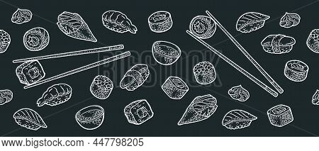 Set Sushi. Vintage Black Vector Engraving. Isolated On White Background.