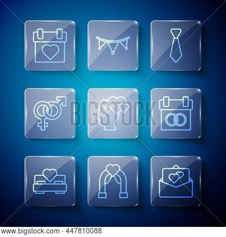 Set Line Bedroom, Wedding Arch, Greeting Card, Tie, Head With Heart, Gender, Calendar And Icon. Vect