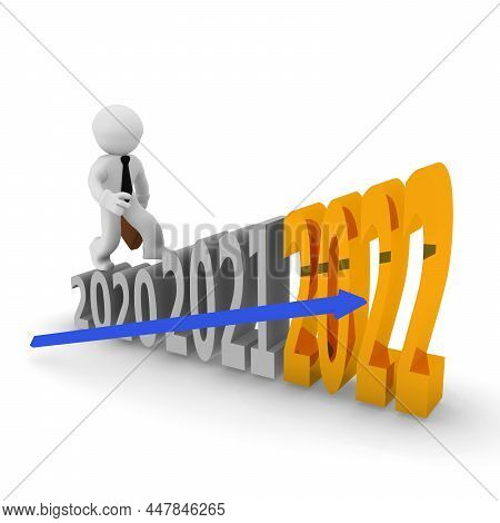 Small Businessman On Upswing Stairs With A Golden 2022, 3d Rendering