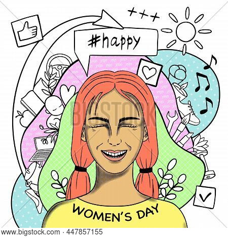 Happy Womens Day Creative Conceptual Modern Hand Drawn Doodle Portrait