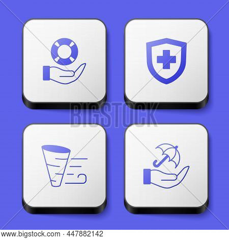 Set Lifebuoy In Hand, Insurance With Shield, Tornado And Umbrella Icon. White Square Button. Vector