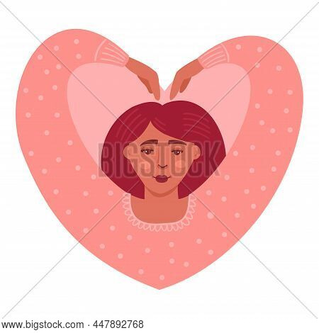 Illustration Of A Girl Showing Love Sign With Her Hands. Image In The Shape Of A Heart. For Valentin
