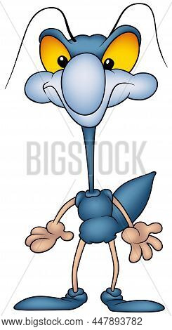 Funny Long-necked Blue Beetle With Big Nose And Yellow Eyes - Colored Cartoon Illustration Isolated 